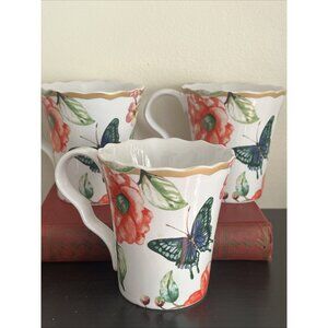 222 Fifth AMBRI Porcelain 4” Mugs Floral Birds Butterflies Set Of 3